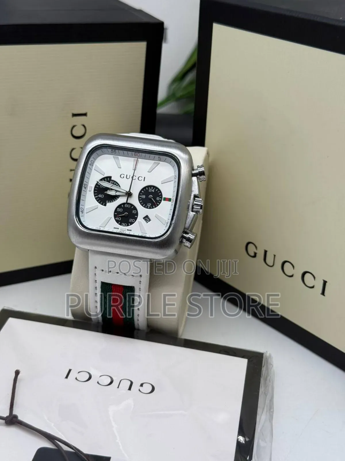 Gucci White Leather Chronograph Wristwatches