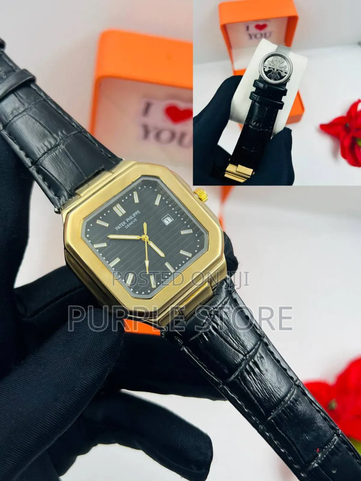 Patek Philippe Black Leather Watch Double Lock