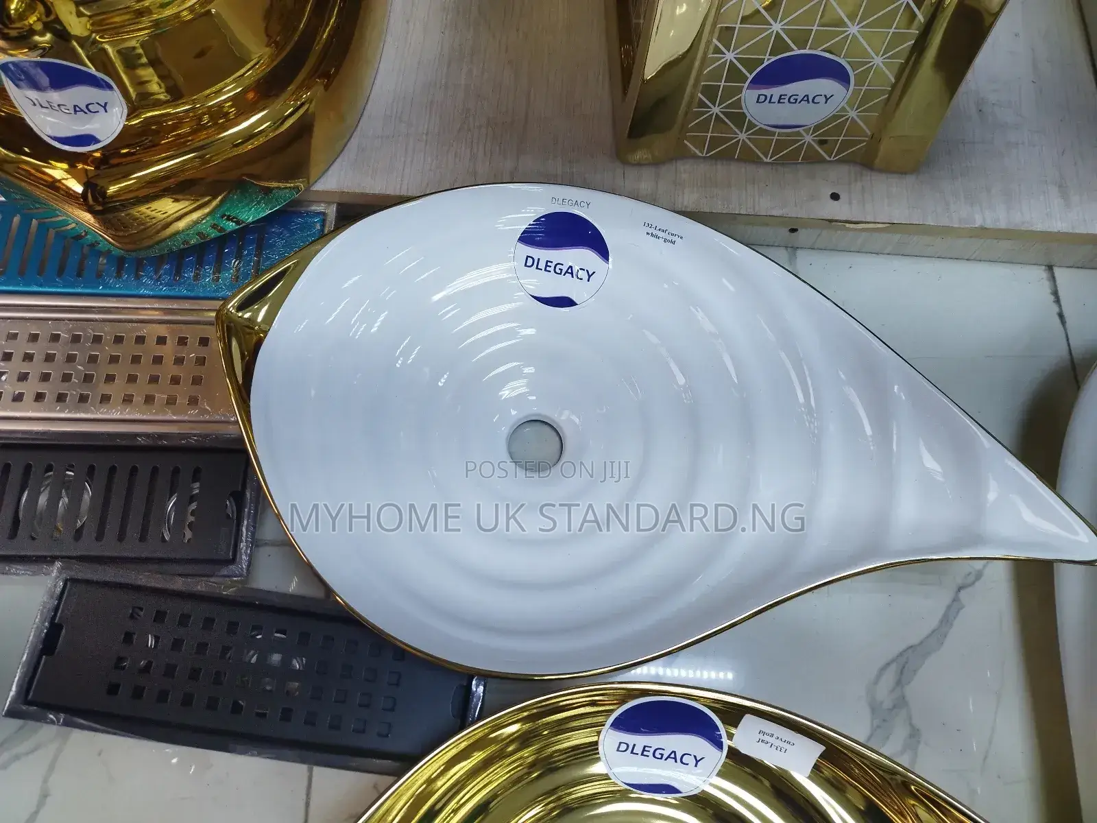 Counter Top Wash Hand Basin White With Line Gold.