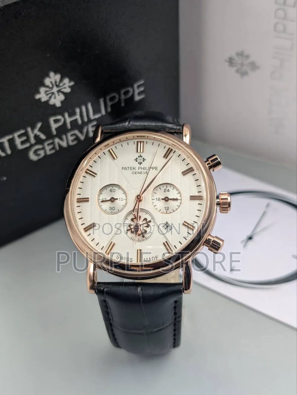 Chronograph Patek Philippe Black Leather Wristwatches