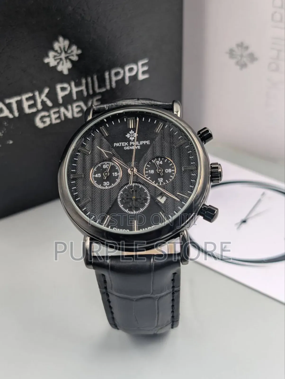 Chronograph Patek Philippe Black Leather Wristwatches