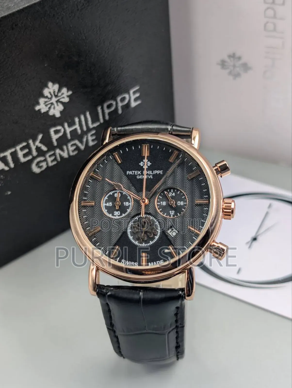 Chronograph Patek Philippe Black Leather Wristwatches