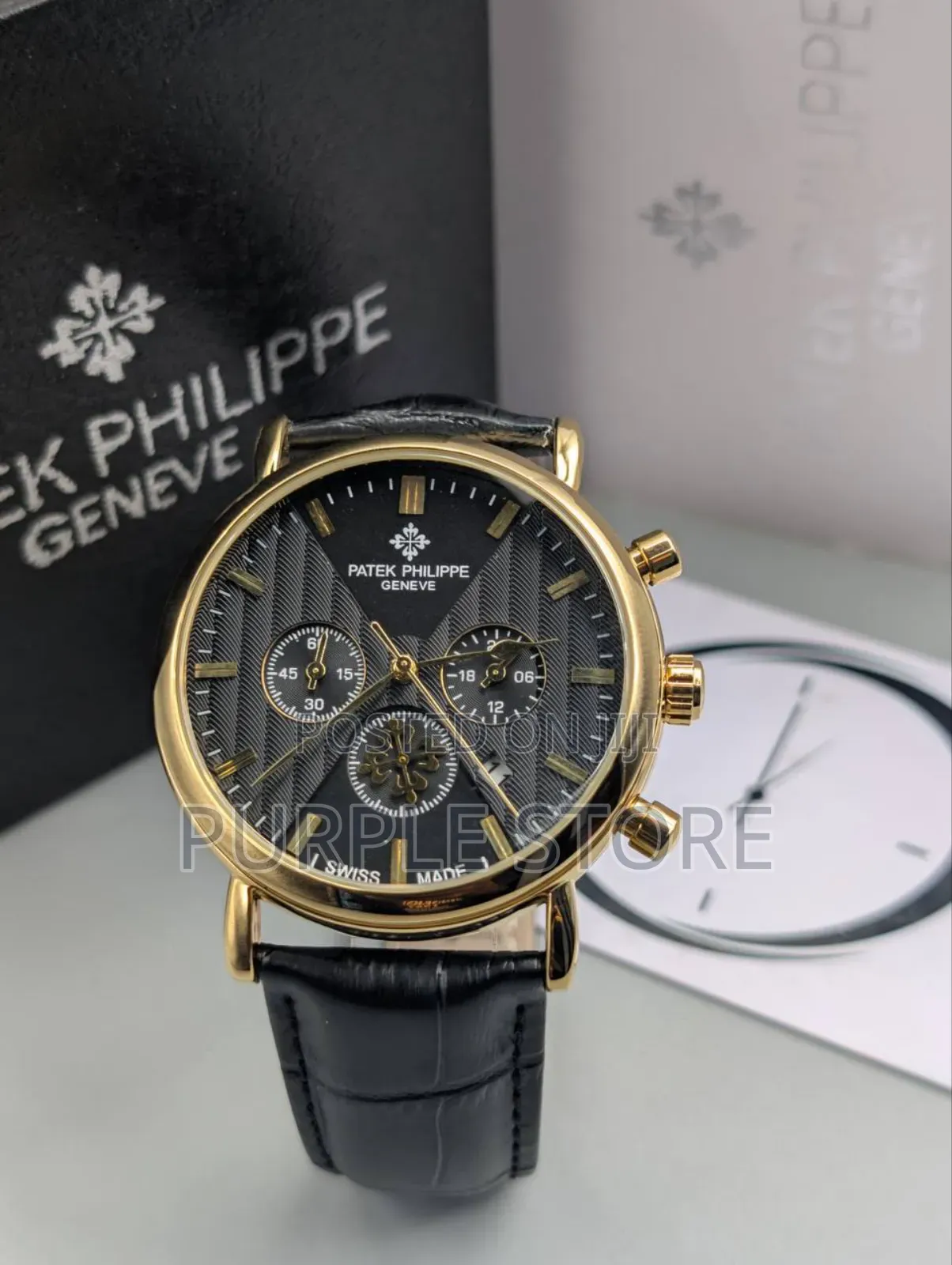 Chronograph Patek Philippe Black Leather Wristwatches