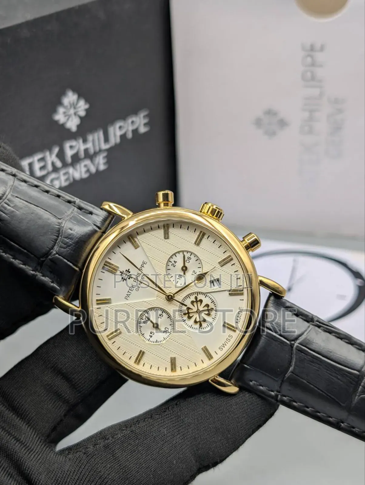 Chronograph Patek Philippe Black Leather Wristwatches