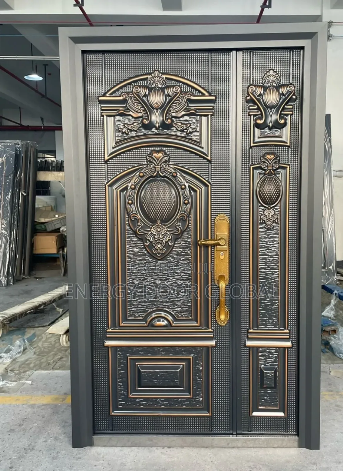 7ft/4ft Arc Pillar Crafted Copper Cast Door With Gold Handle