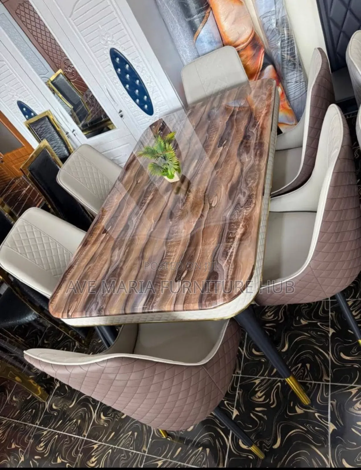 Set of Marble Top Dining Table by 6 Leather Chairs.