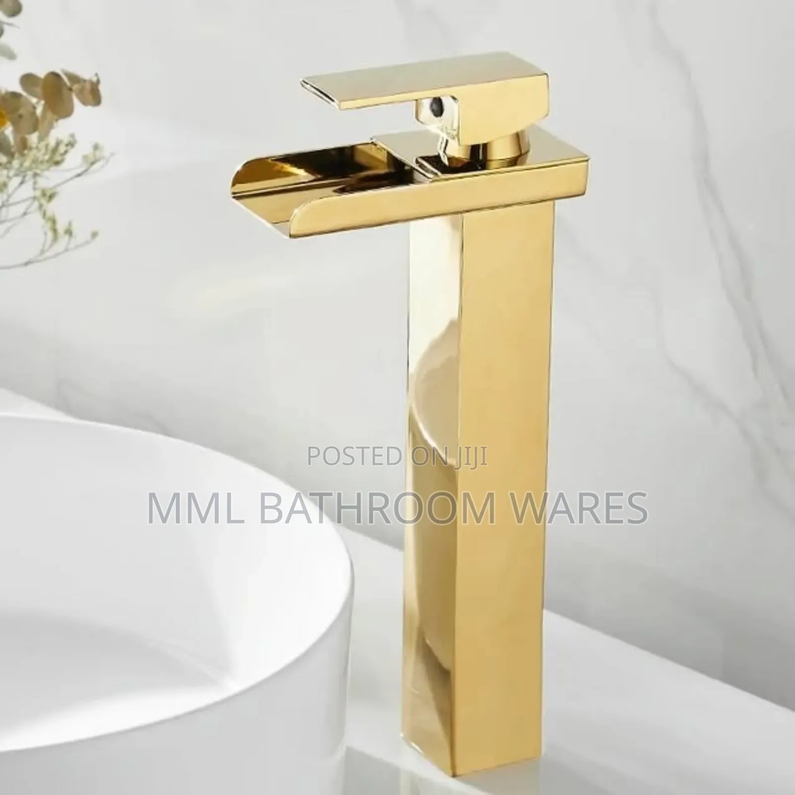 Gold Waterfall Extra Height Basin Mixer for Countertops
