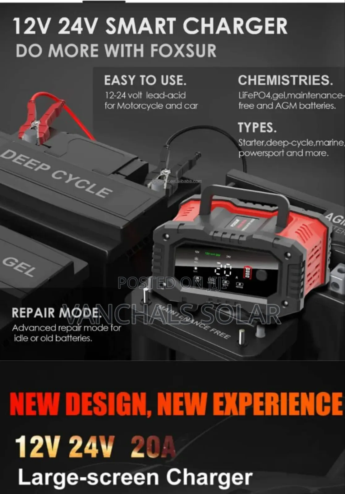 Battery Charger Lithium Lifepo4 and Lead Acid 12/24v 20a