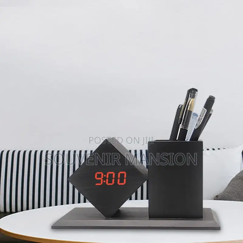 Wooden Digital Clock And Pen Holder