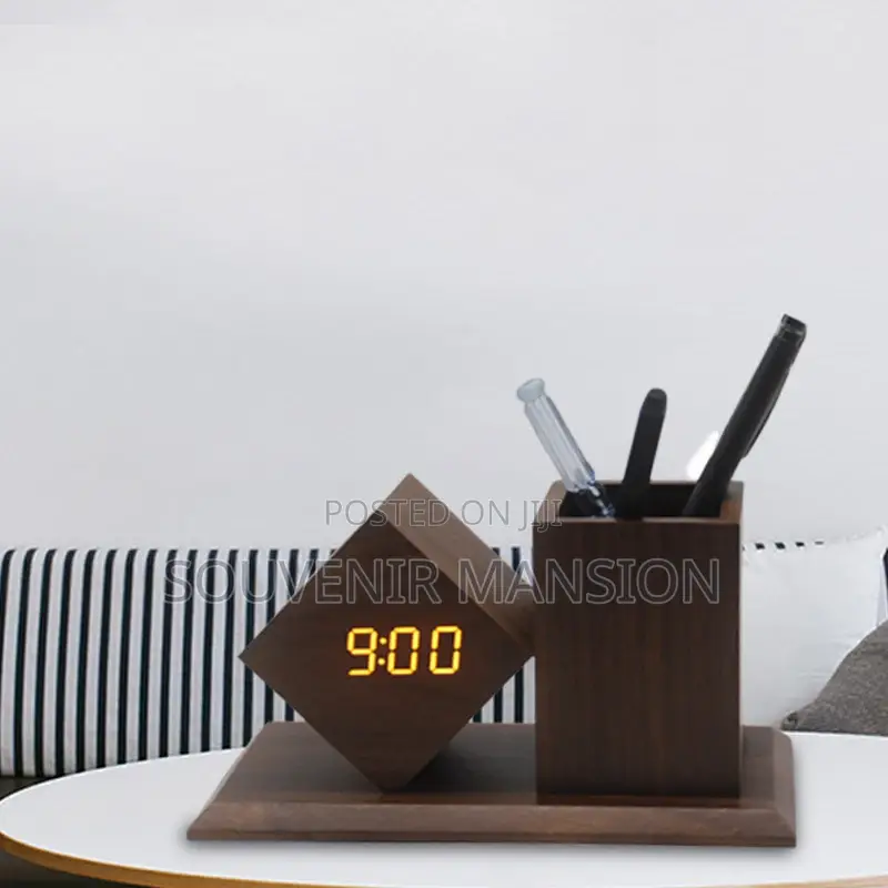 Wooden Digital Clock And Pen Holder