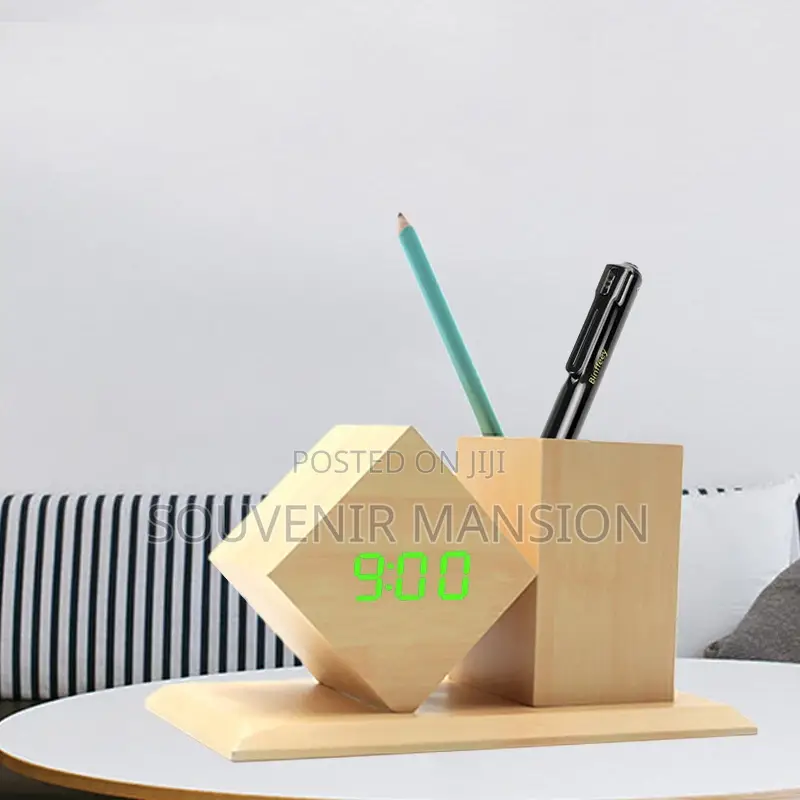 Wooden Digital Clock And Pen Holder