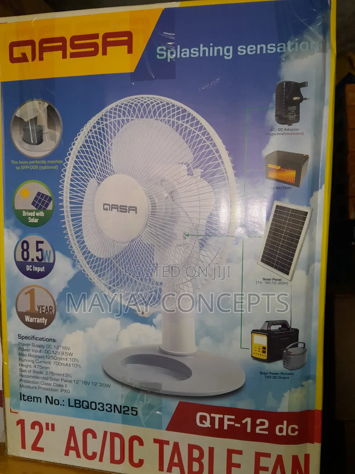 Qasa 12-Inch Ac/Dc Solar Table Fan- 8.5watts Low Consumption