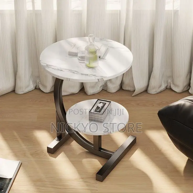Modern Round Marble-Top Side Table With Storage Shelf