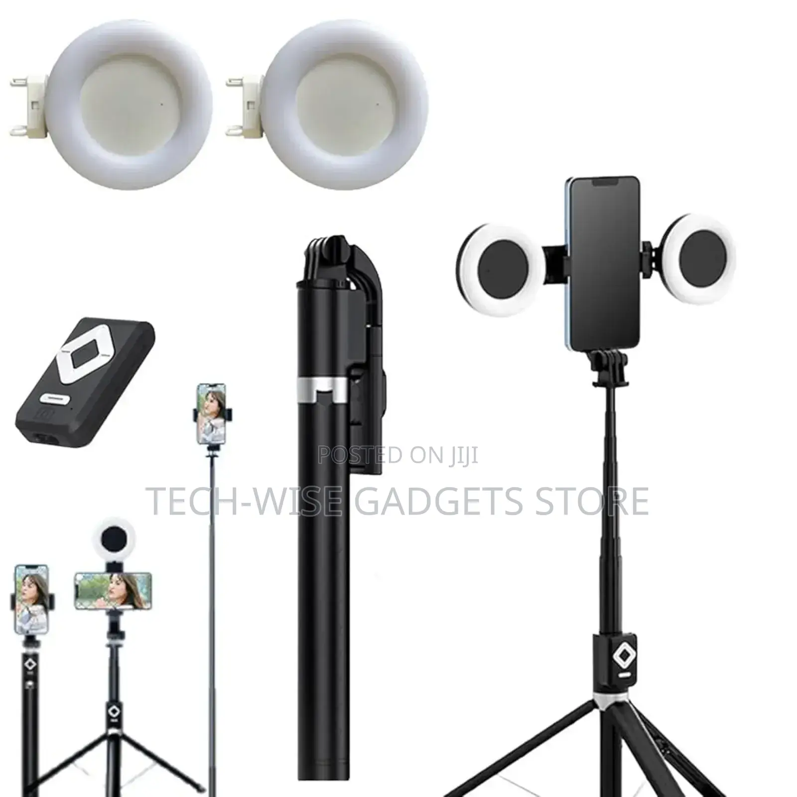 6-in-1 Wireless Bluetooth Selfie Stick With Dual Ring Lights