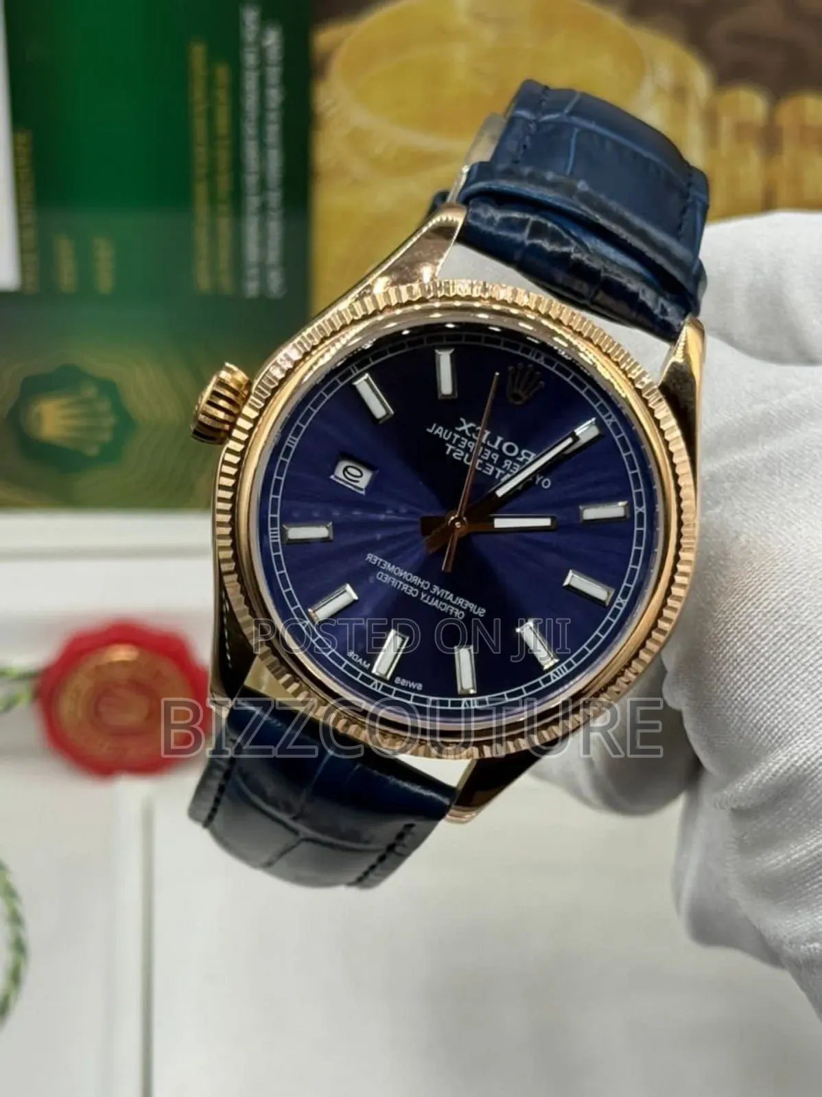 Original Rolex Date Just, Blue Genuine Leather Strap Watch