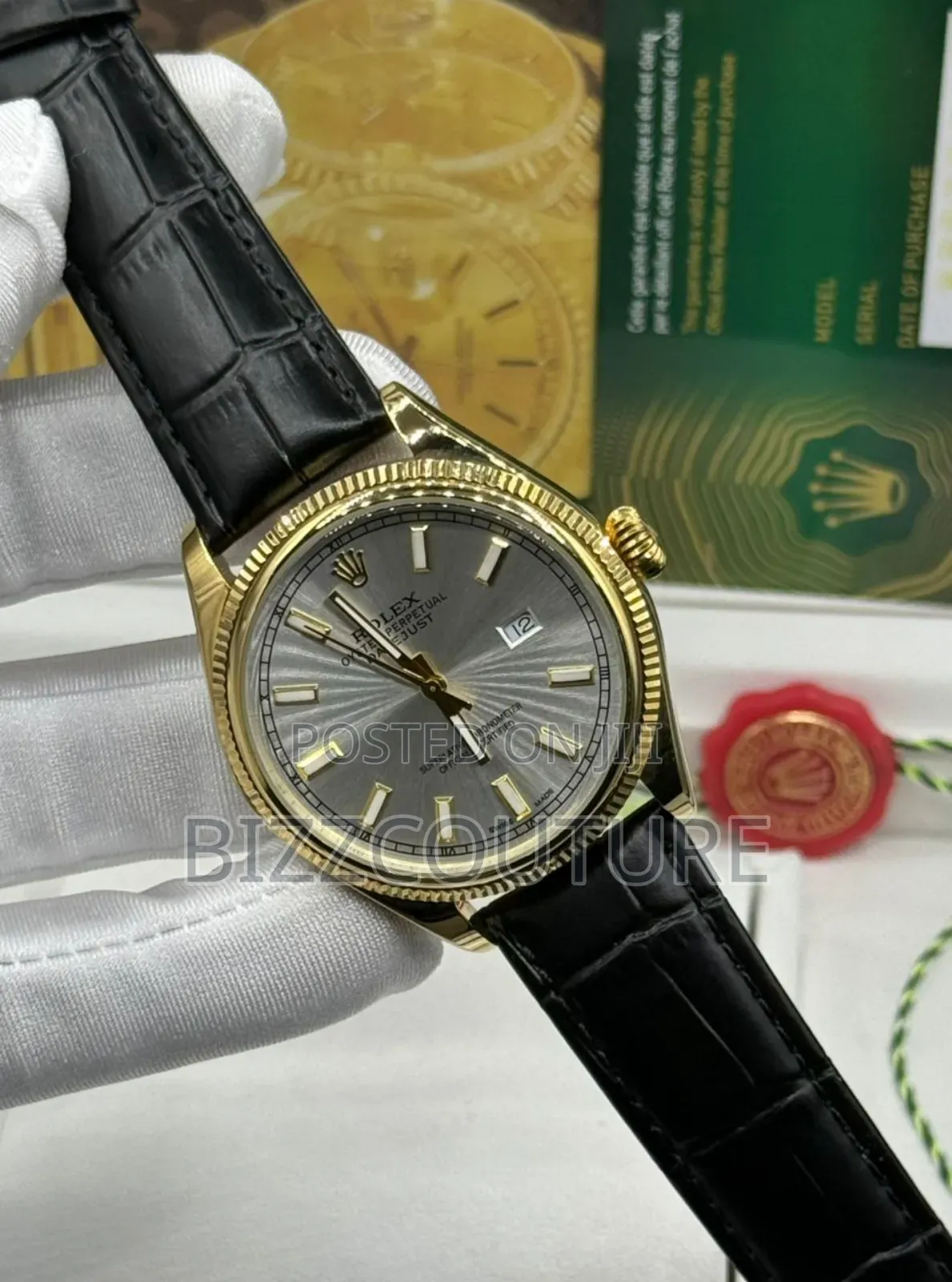 Original Rolex Calendar Black Genuine Leather Strap Watch