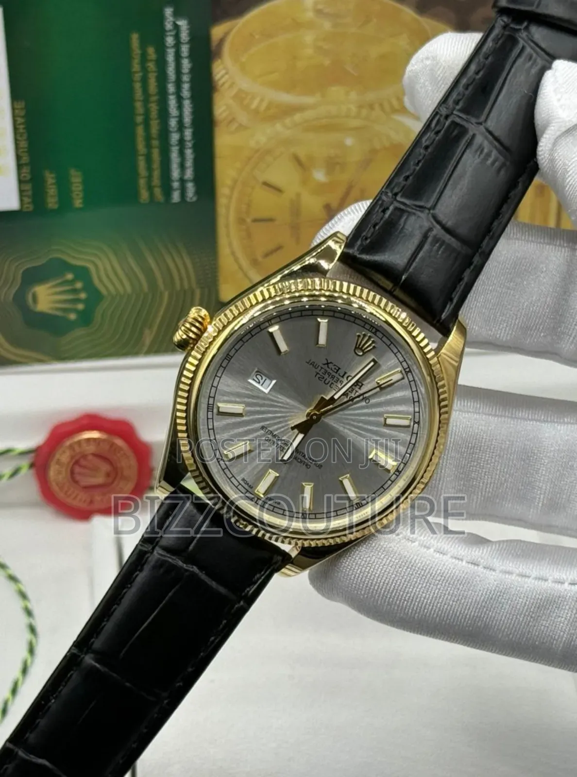 Original Rolex Calendar Black Genuine Leather Strap Watch