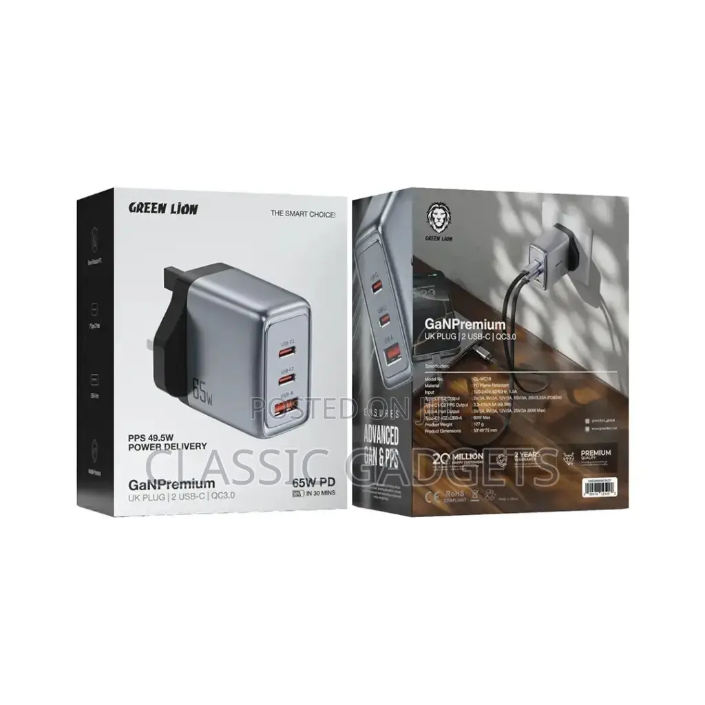 Green Lion Gan Premium Uk Plug Wall Charger 65w - Gray