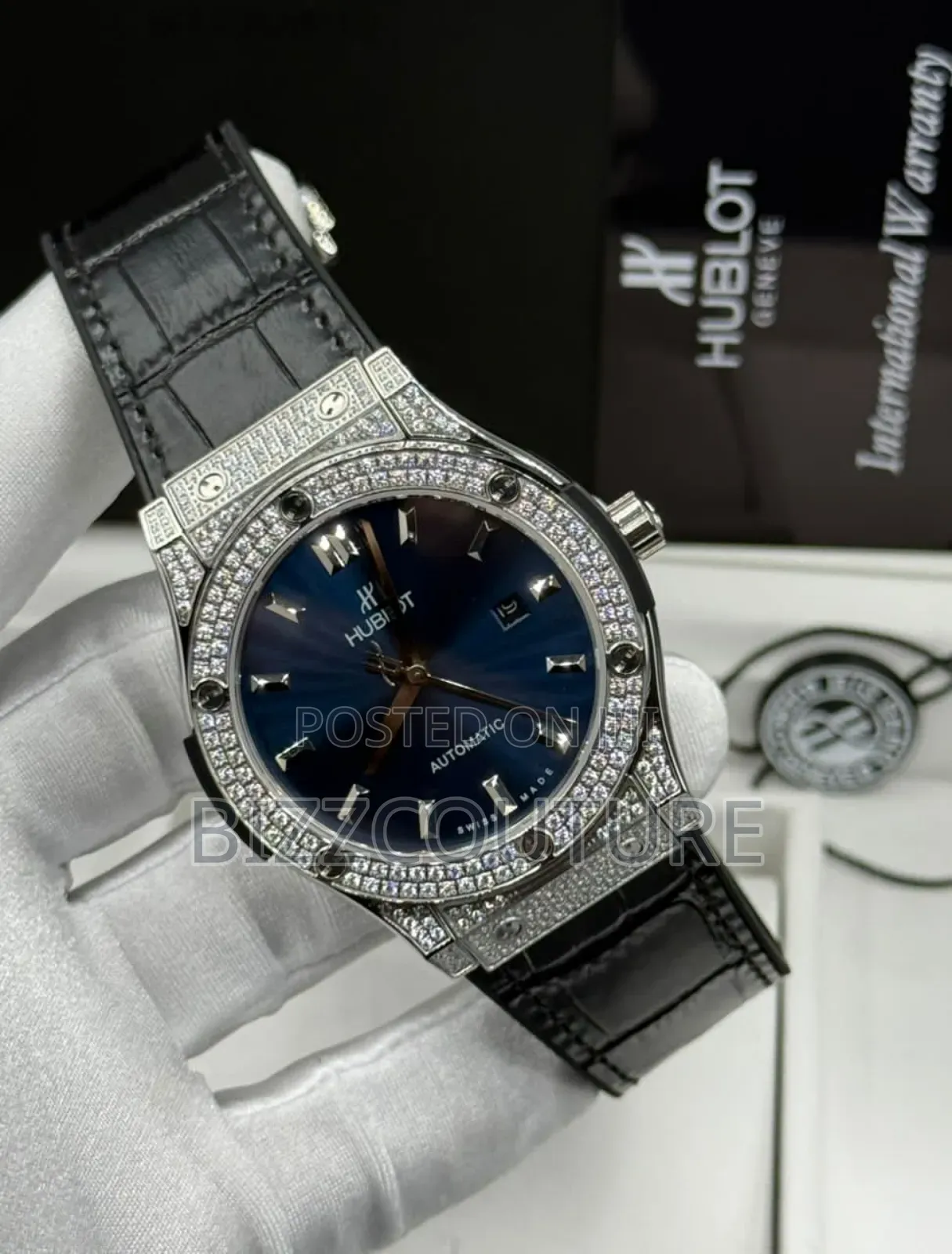 Original Hublot Iced Out Black Genuine Leather Strap Watch