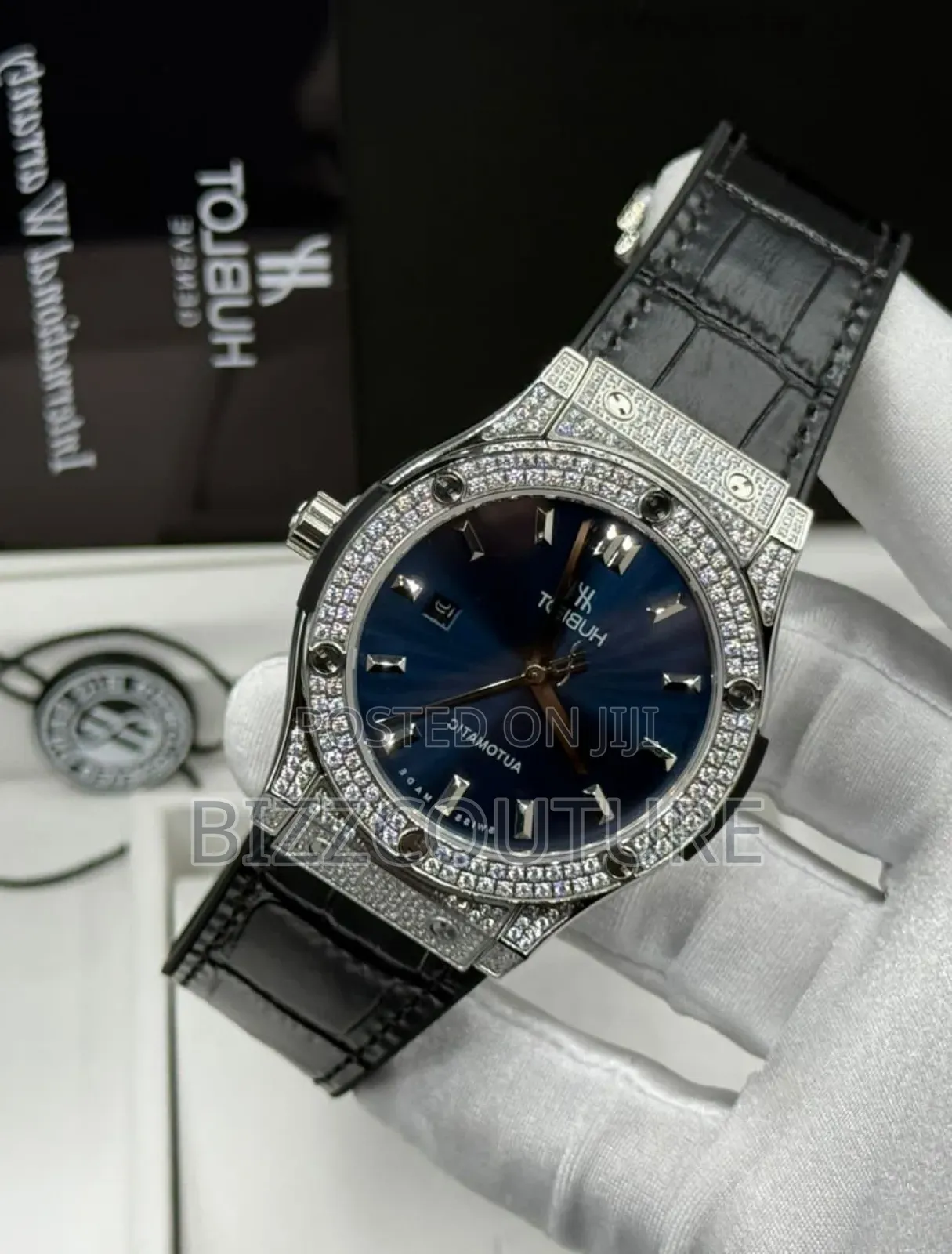 Original Hublot Iced Out Black Genuine Leather Strap Watch