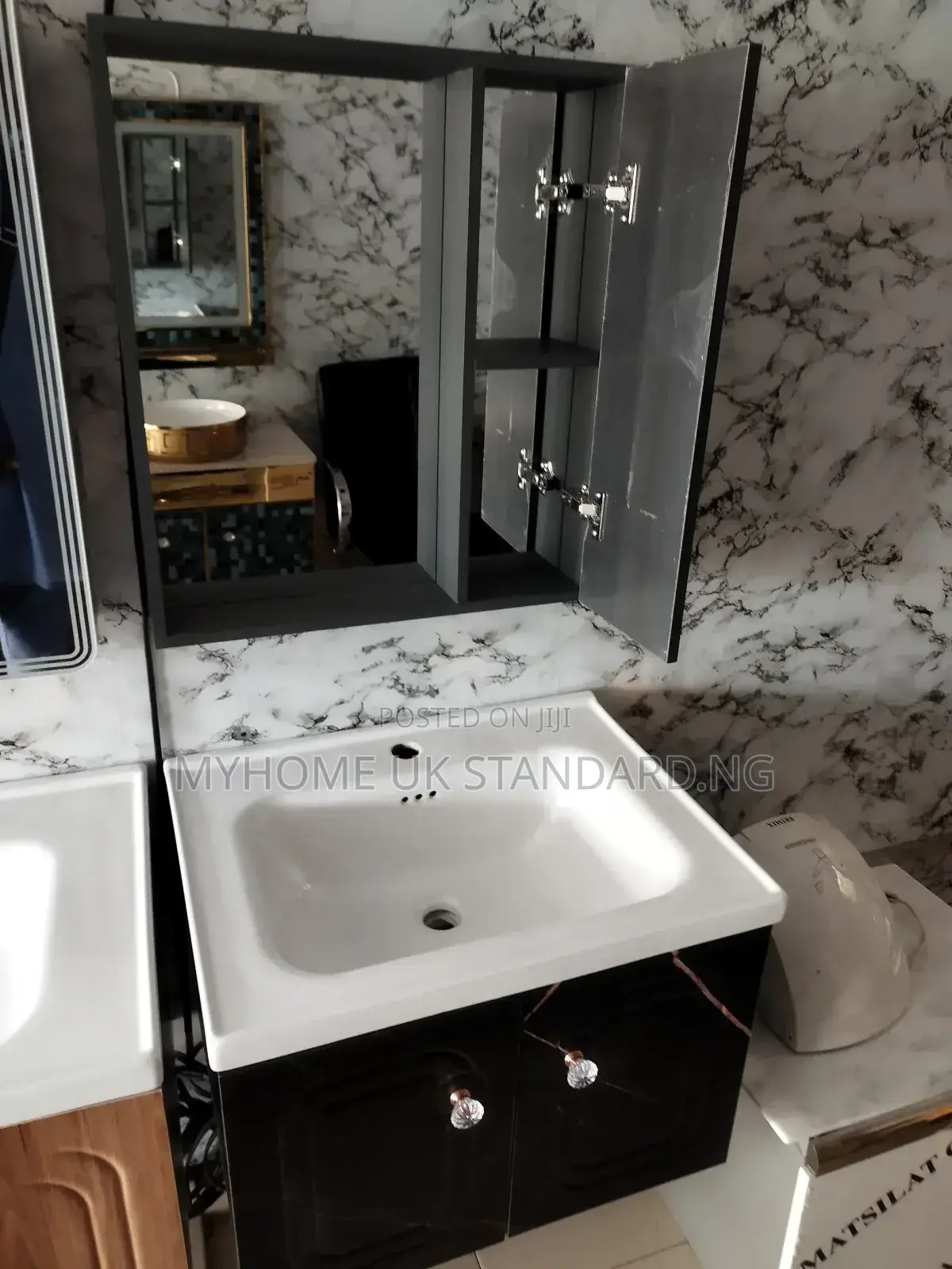 Wall Hung Cabinet With Mirror Shelve (Black With Design)