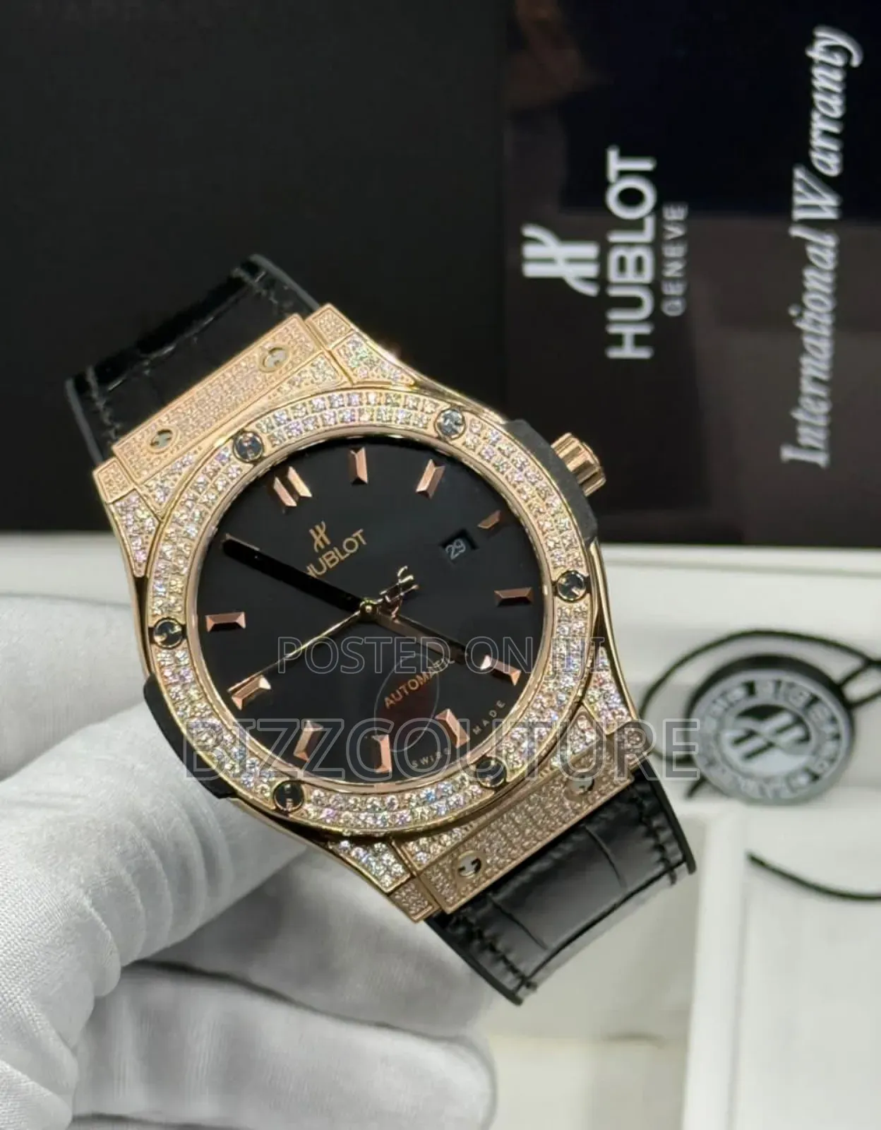 Original Hublot Geneve Black Genuine Leather Strap Watch