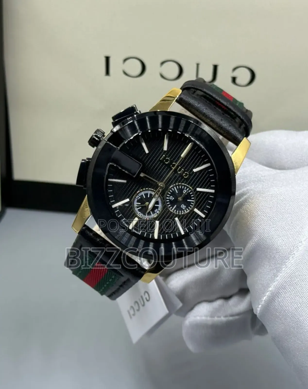 Original Gucci Black Dial Genuine Leather Chronograph Watch