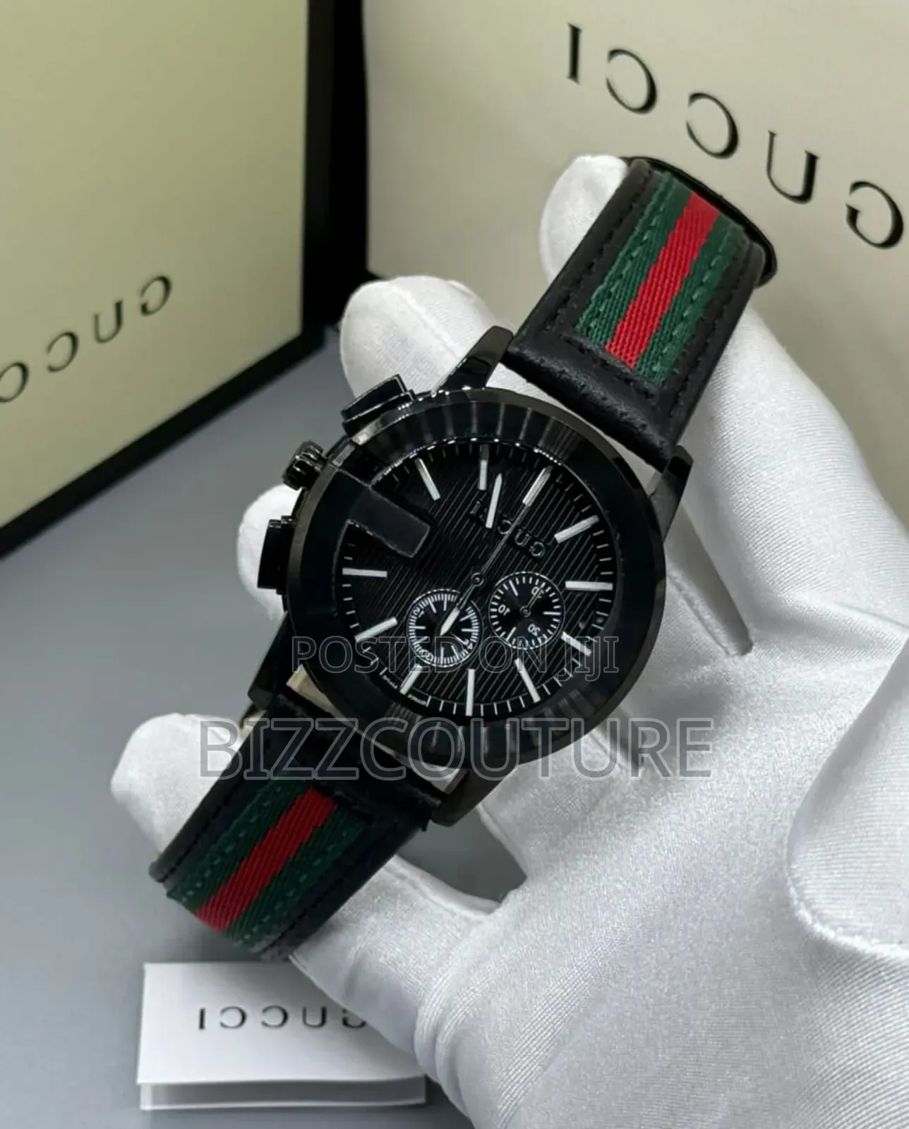 Original Gucci Black Dial Genuine Leather Chronograph Watch