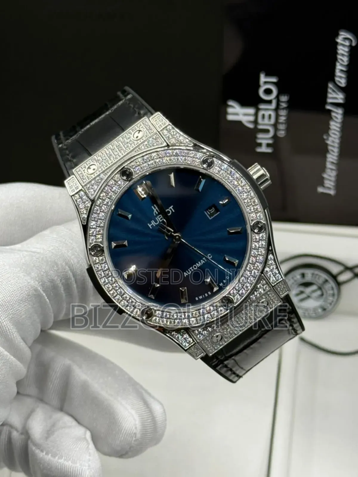 Original Hublot Gevene Black Genuine Leather Strap Watch
