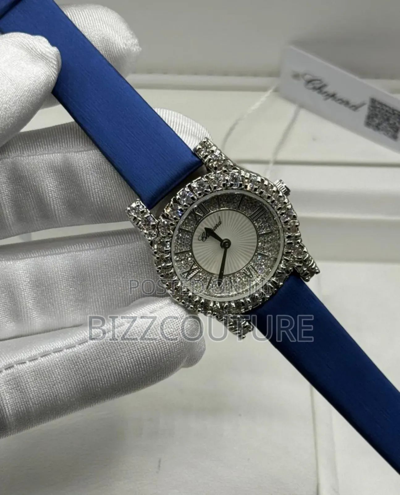 Original Chopard Iced Out Blue Faux Leather Strap Watch