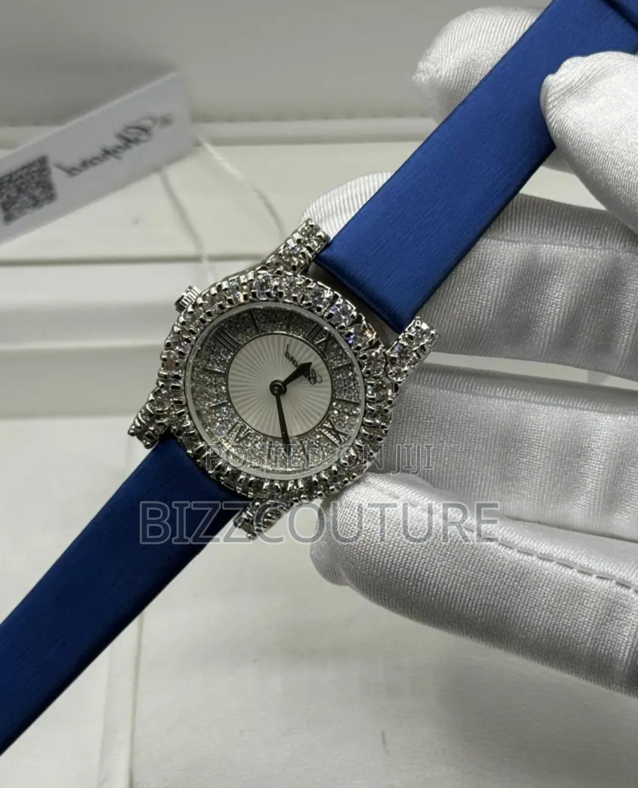 Original Chopard Iced Out Blue Faux Leather Strap Watch