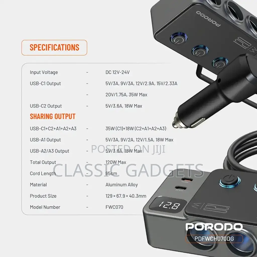 Porodo 120w Car Charger Hub Triple-port Lighter Socket -grey