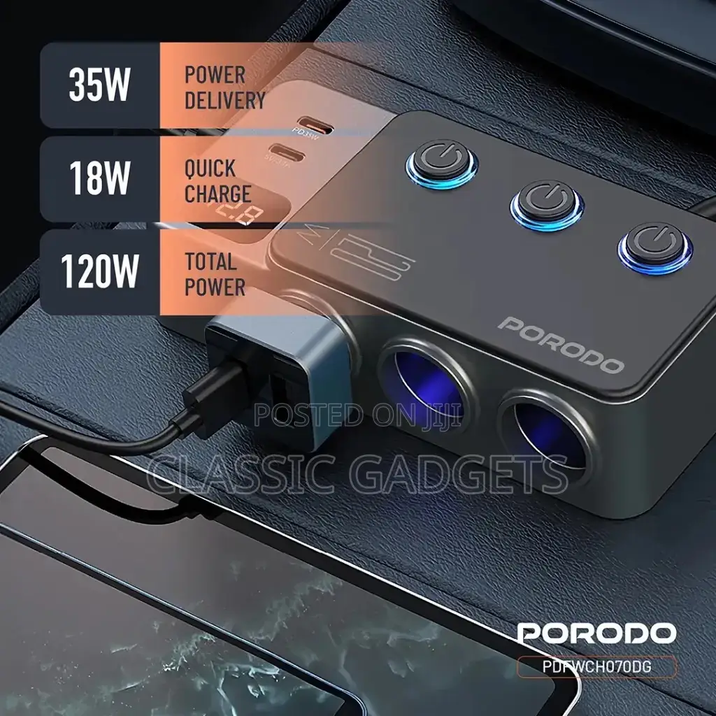 Porodo 120w Car Charger Hub Triple-port Lighter Socket -grey