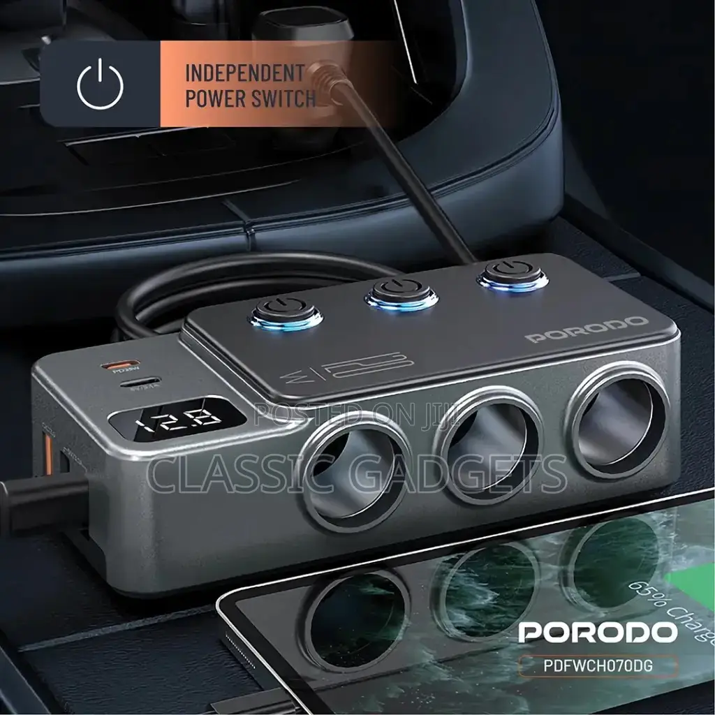 Porodo 120w Car Charger Hub Triple-port Lighter Socket -grey