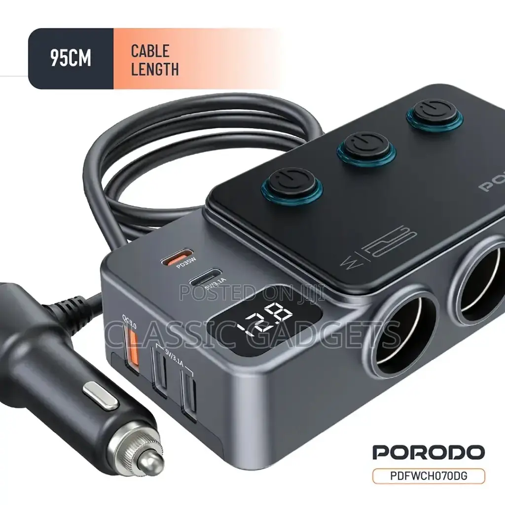 Porodo 120w Car Charger Hub Triple-port Lighter Socket -grey