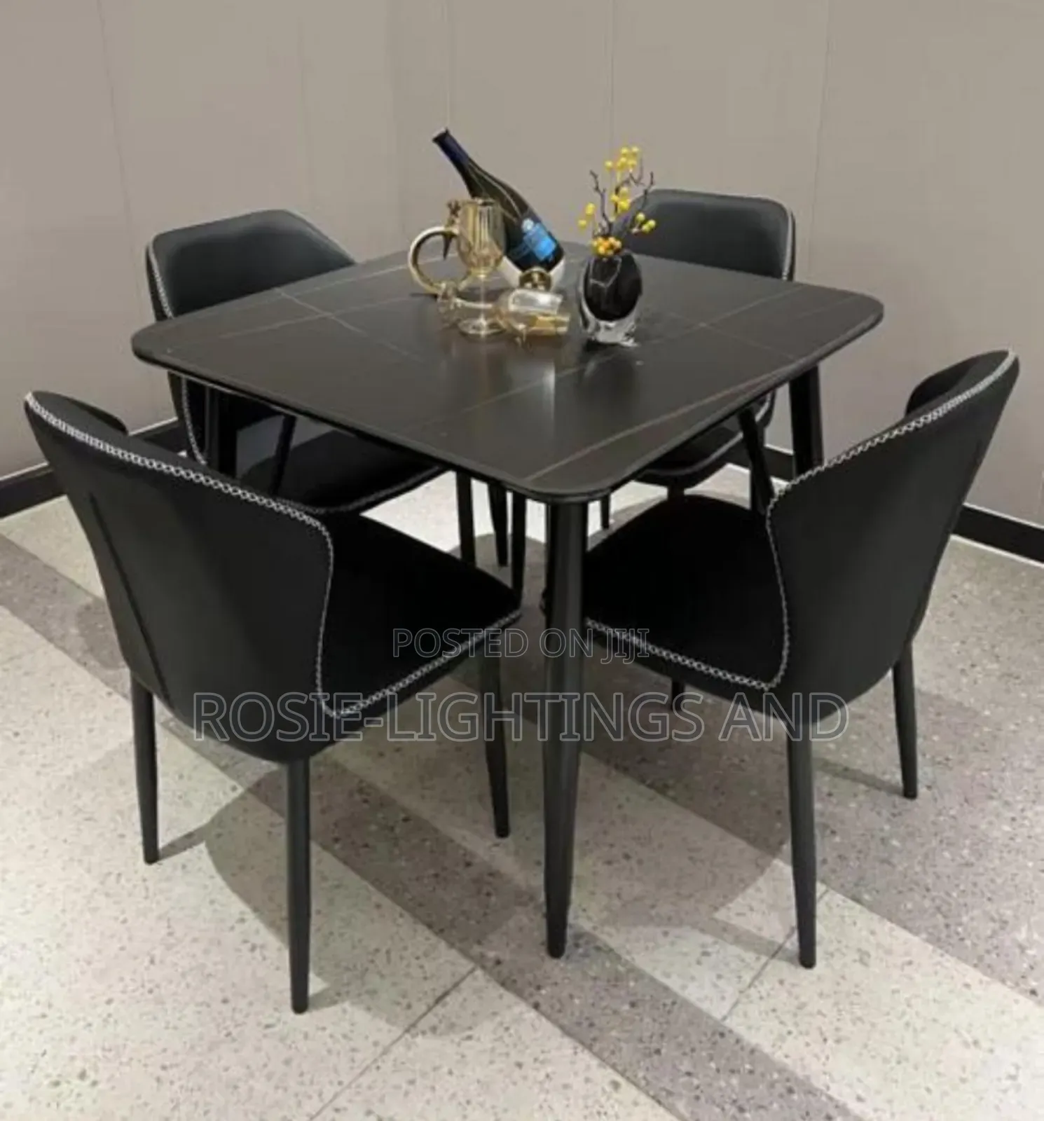 Square 90cm X 90cm Marble Dinning Table and Chairs -Black