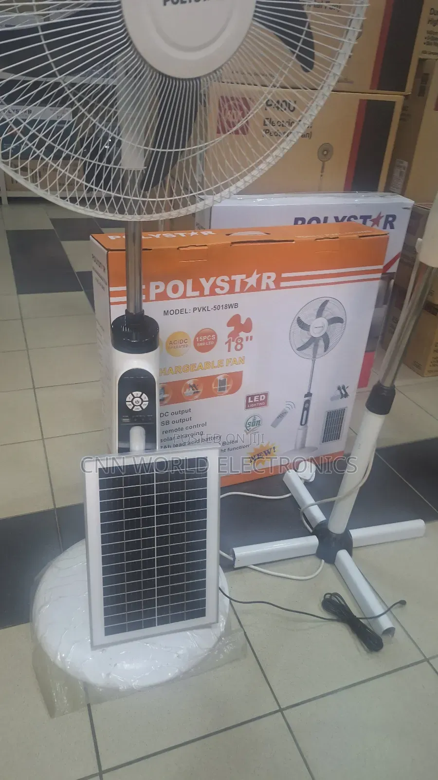 New Polystar 18"Inch Solar Rechargeable Fan With Panel