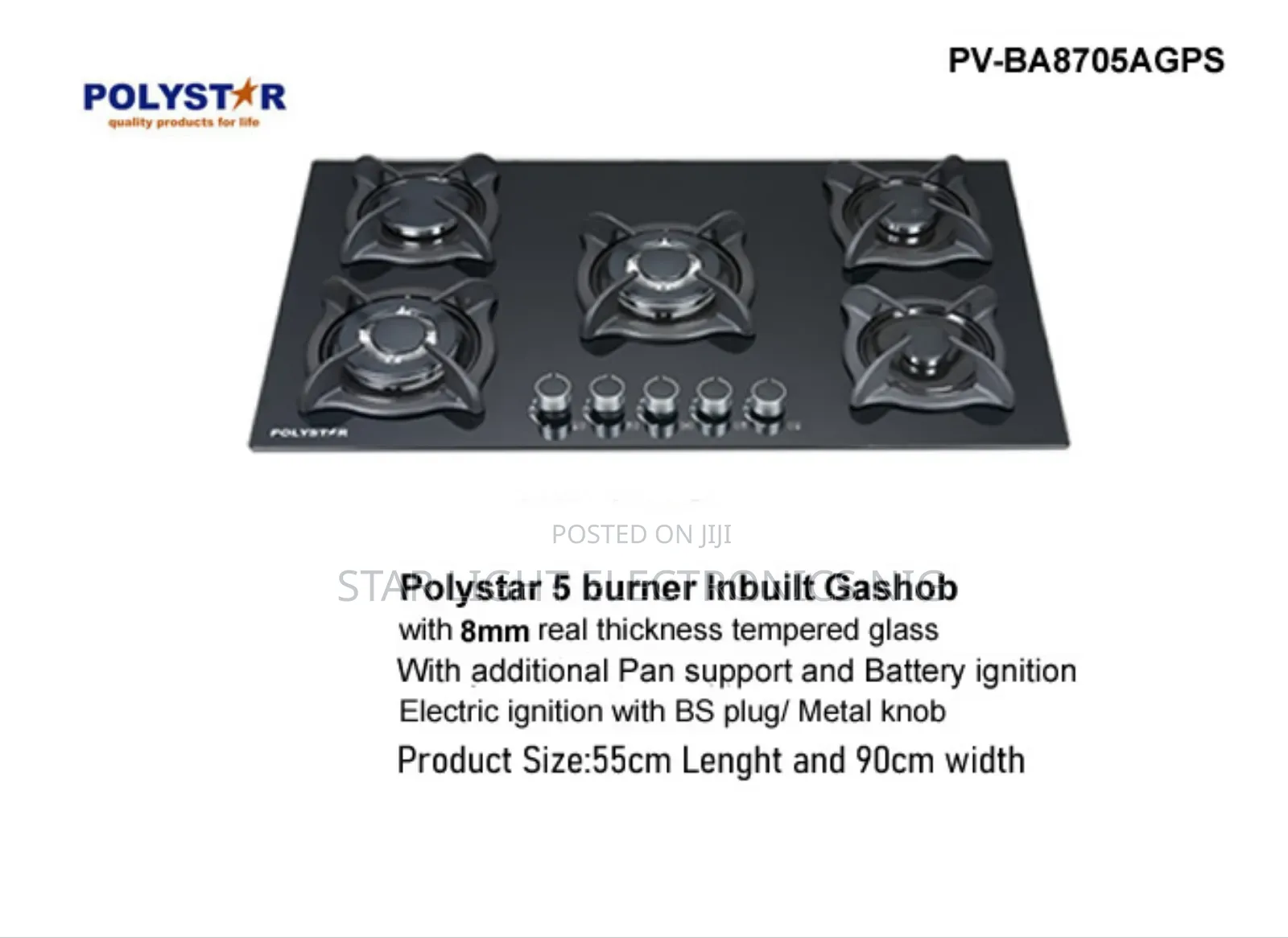 5 Burners Gas Hob Black Glass Top