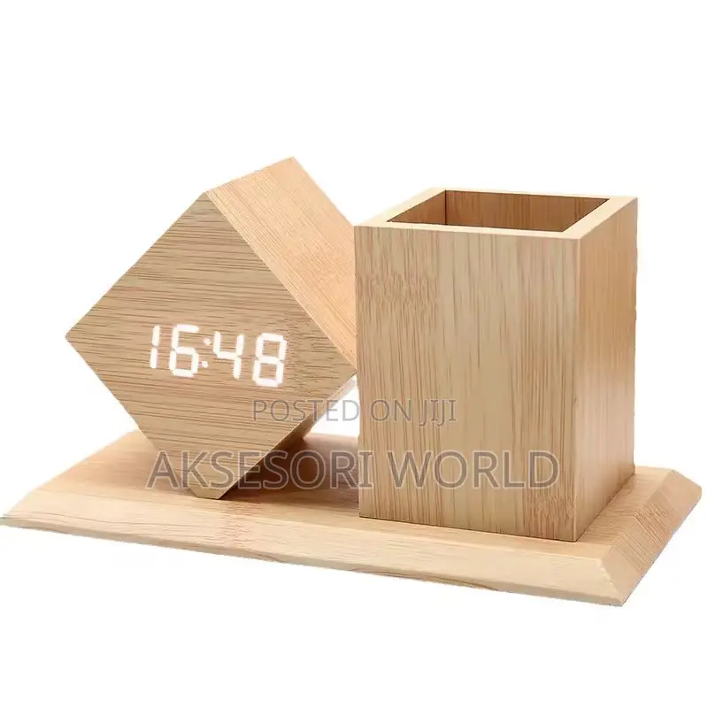 Bamboo Led Clock Pen Holder Organizer