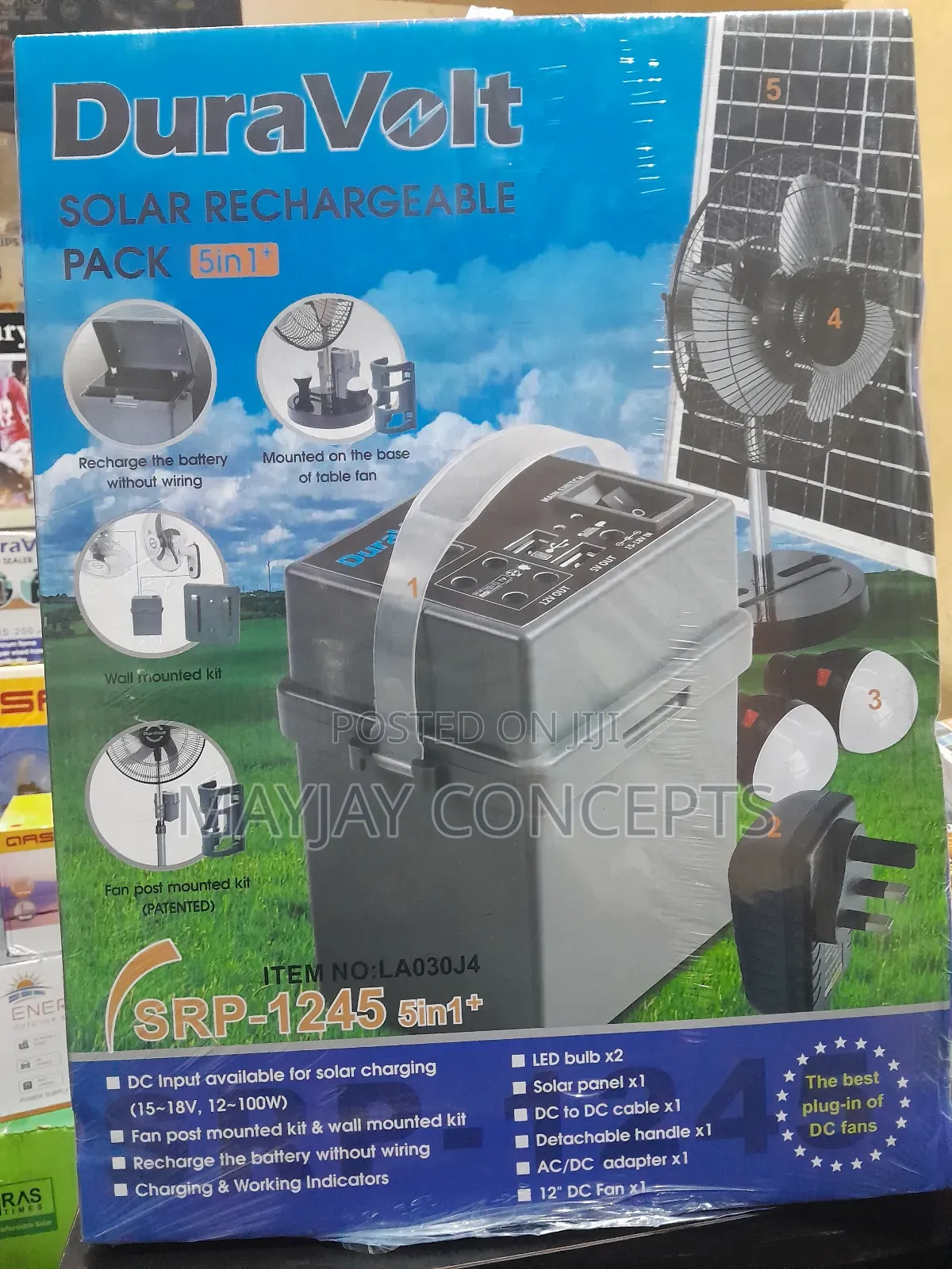 Duravolt 5-in-1+ Solar Rechargeable Pack With 12” Table Fan
