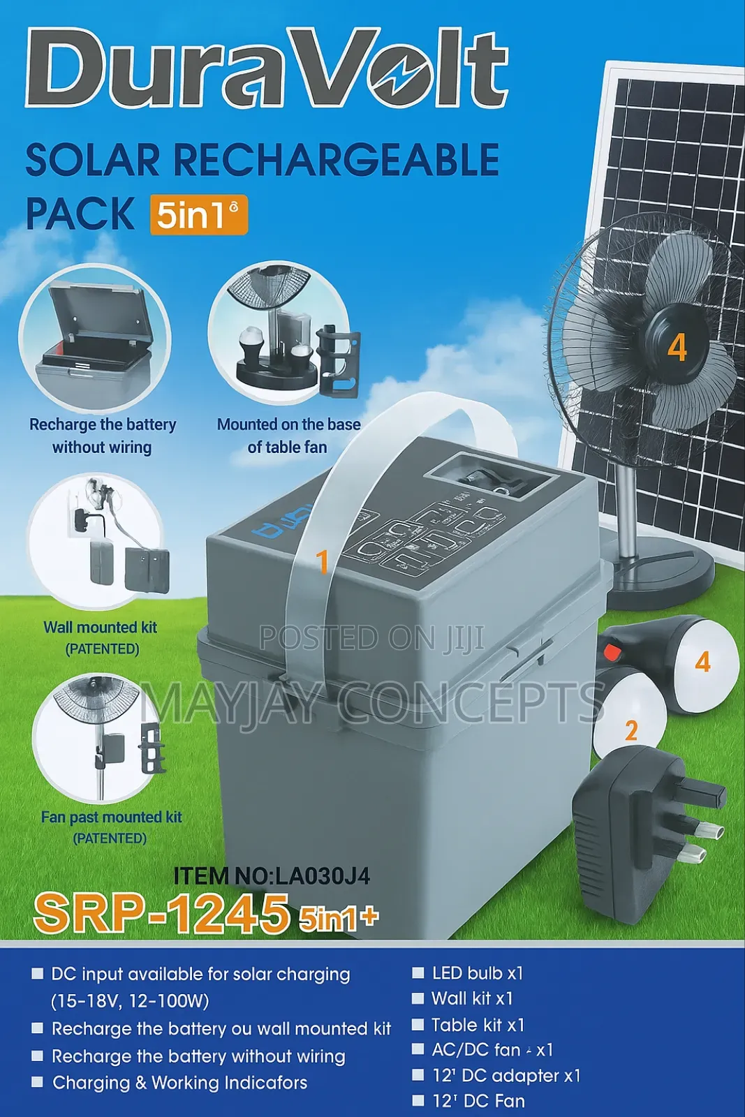 Duravolt 5-in-1+ Solar Rechargeable Pack With 12” Table Fan