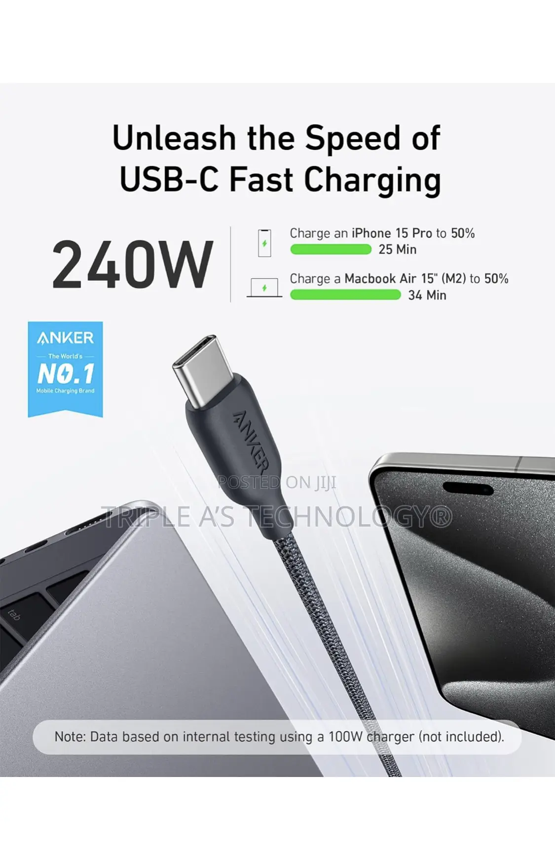 Authentic Anker 543, 240w Bio-Braided Type C Fast Charge Cable