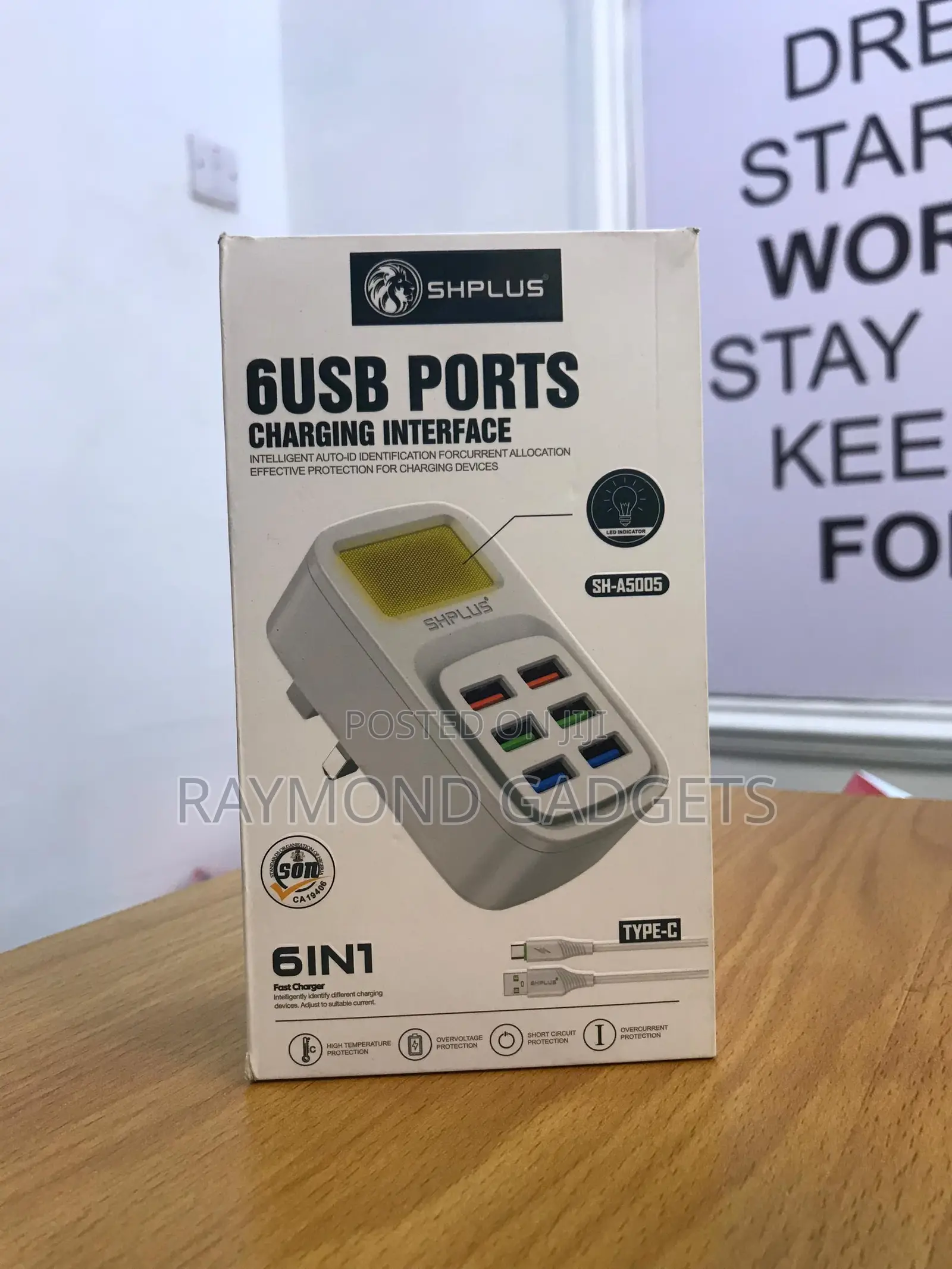 Shplus Sh-a5005 6-port Usb Fast Charger – Type-c Cord