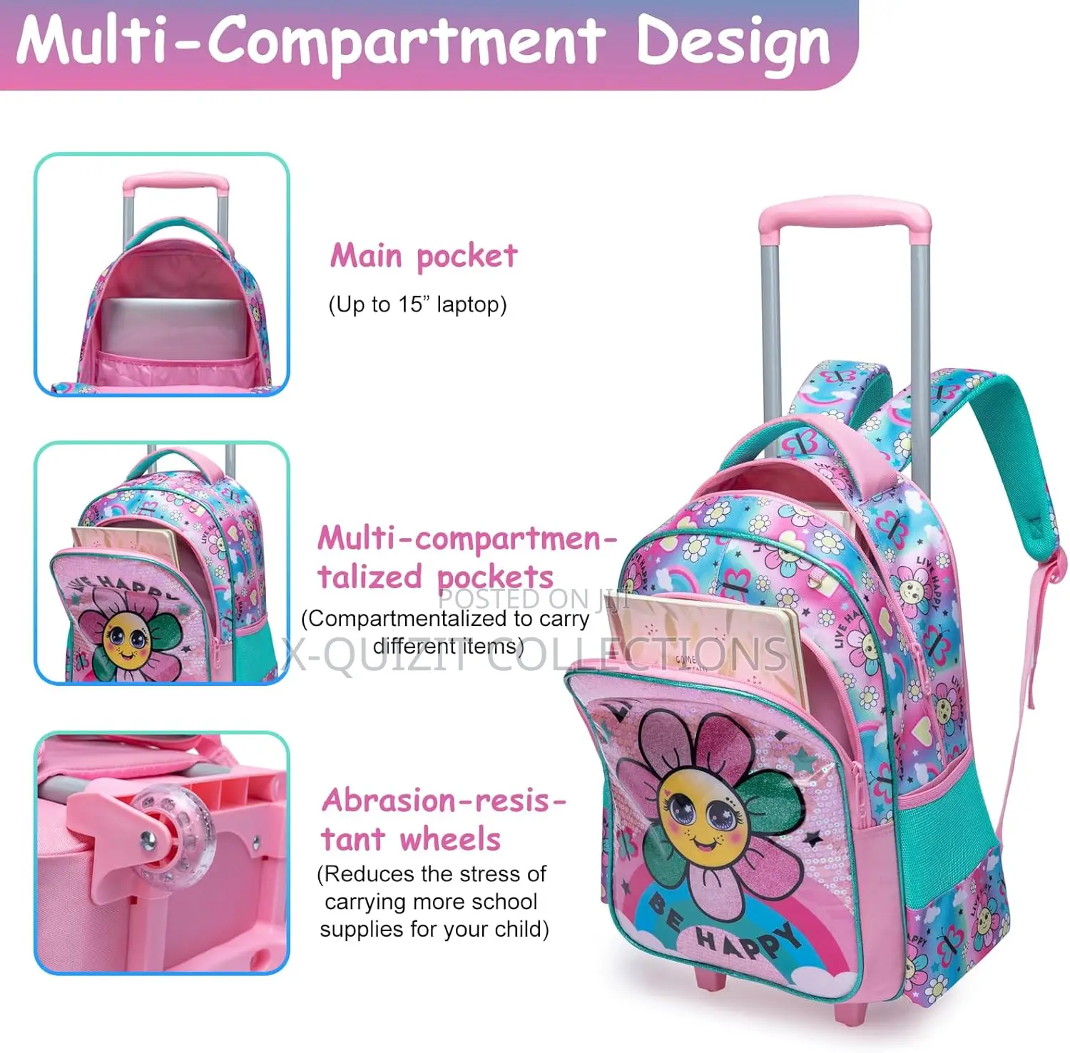 Quality 3pc Trolley School Bag – (17") Sunflower