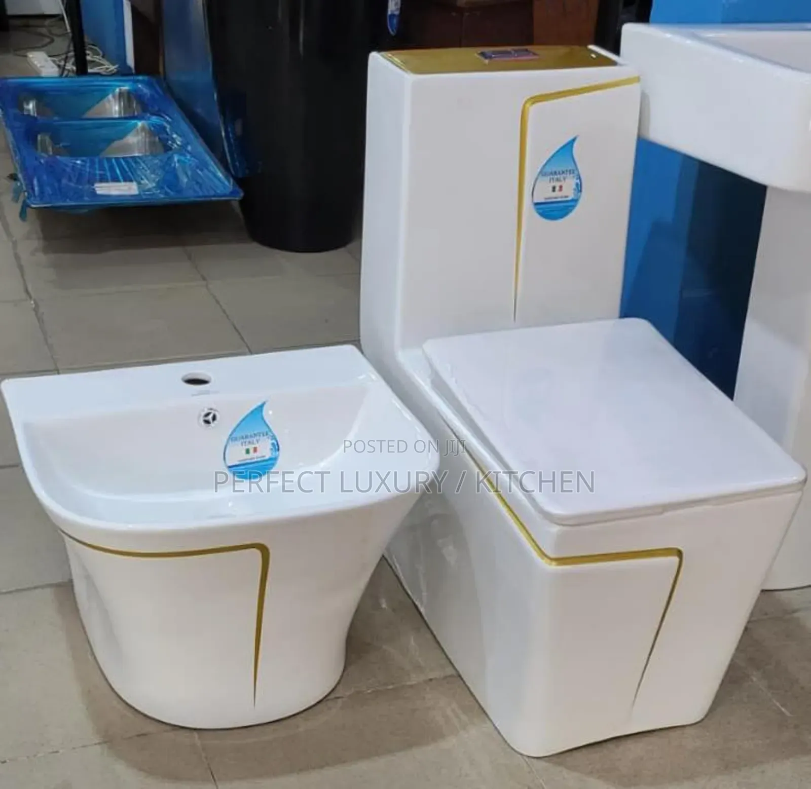 White With Gold Design Color Complete Set W.C Water Closet