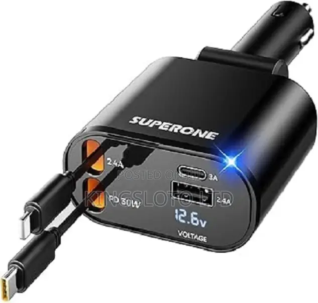 65w Car Charger Dual Retractable Cable - Black