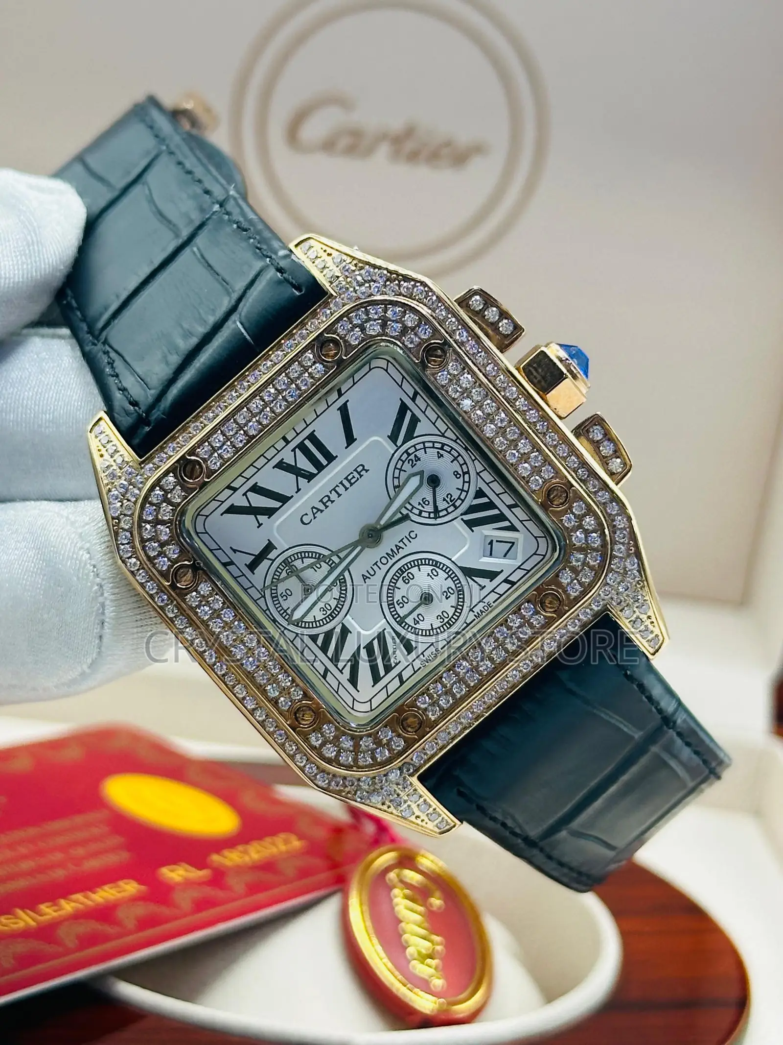 Cartier Quality Luxury Men Stone Genuine Leather Wristwatch