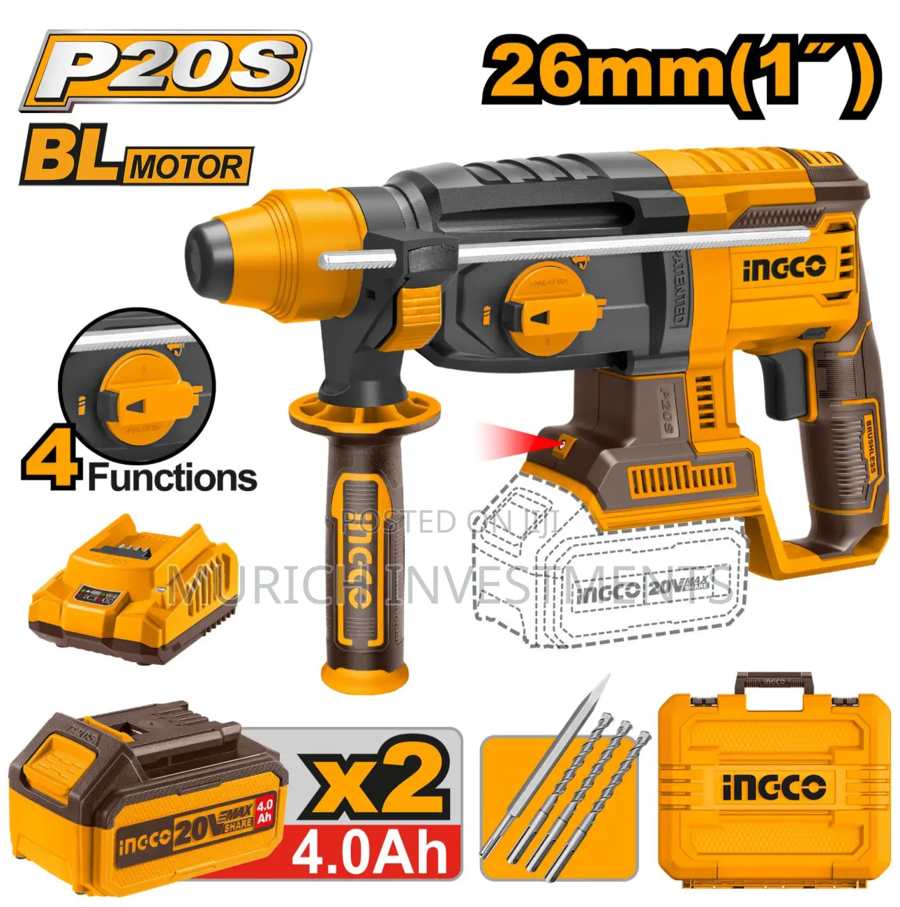 Ingco 26mm Cordless Rotary Hammer (Crhli202287) 4 Function