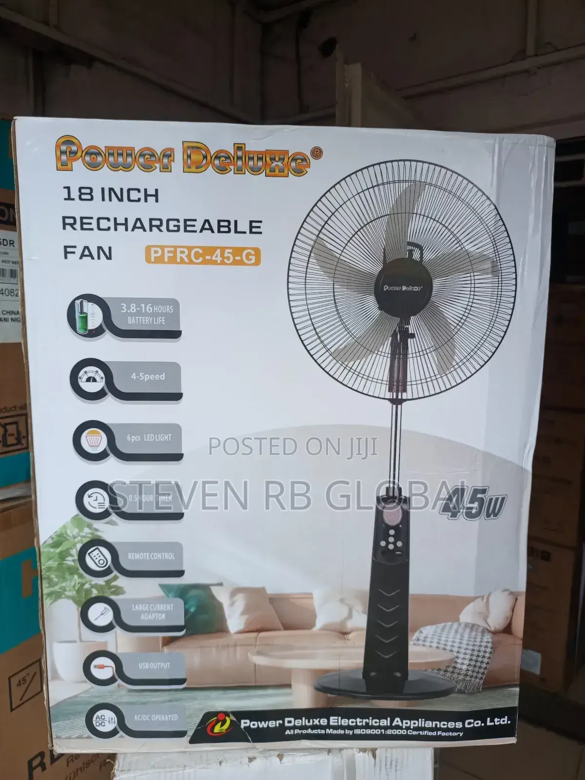 Power Deluxe 18" Inches 45w Rechargeable Fan With Remote + Led Light