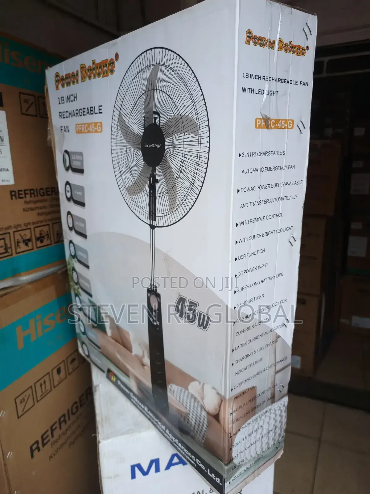 Power Deluxe 18" Inches 45w Rechargeable Fan With Remote + Led Light